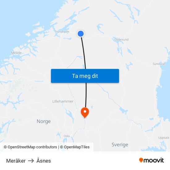 Meråker to Åsnes map