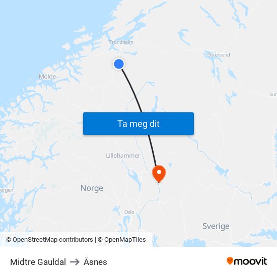 Midtre Gauldal to Åsnes map