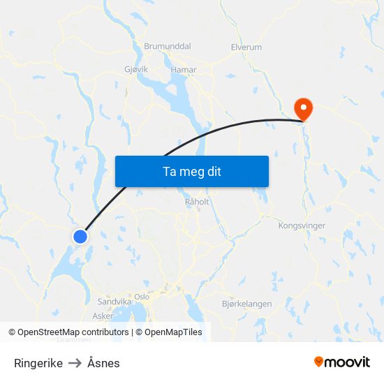 Ringerike to Åsnes map