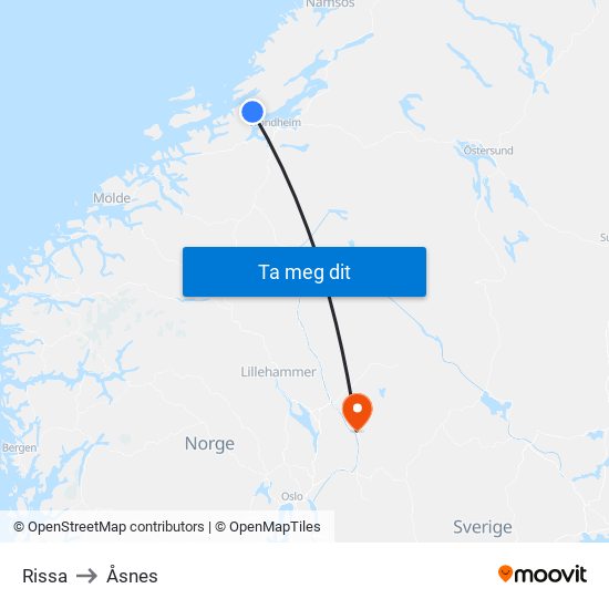 Rissa to Åsnes map