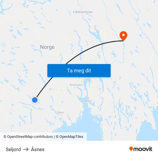 Seljord to Åsnes map