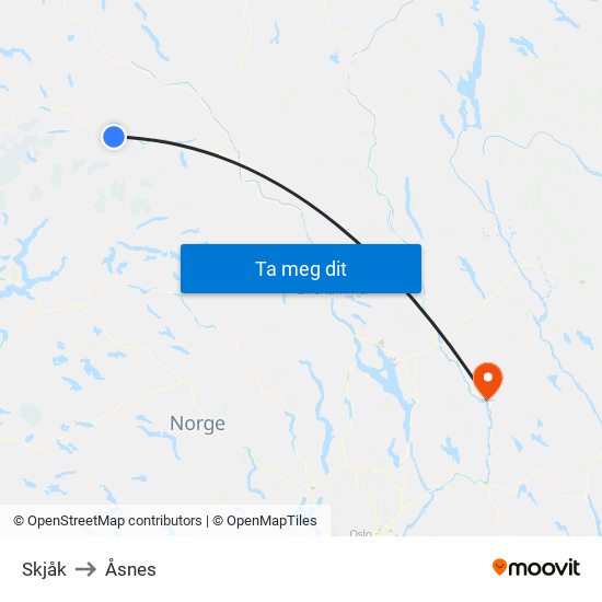Skjåk to Åsnes map