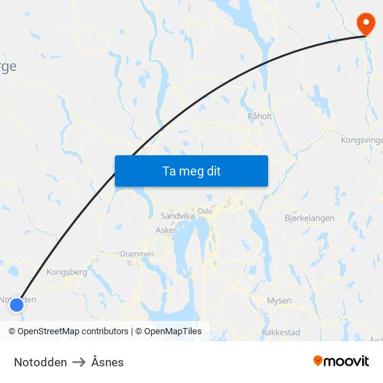 Notodden to Åsnes map