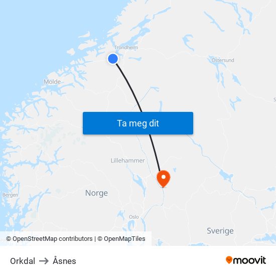 Orkdal to Åsnes map