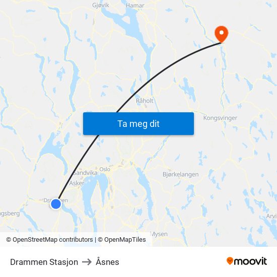 Drammen Stasjon to Åsnes map