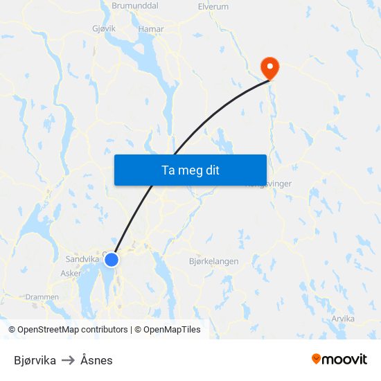 Bjørvika to Åsnes map