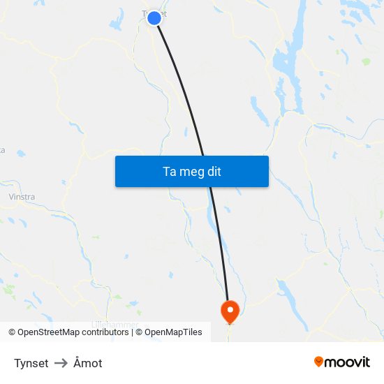 Tynset to Åmot map