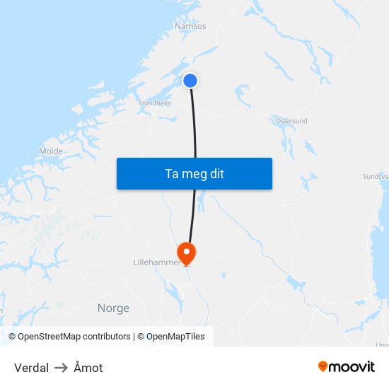 Verdal to Åmot map