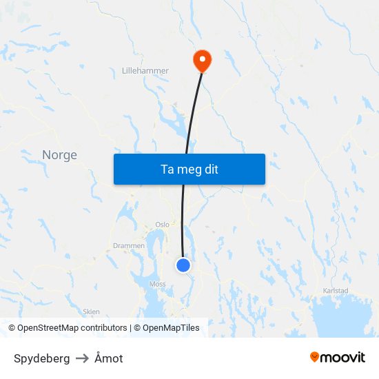 Spydeberg to Åmot map