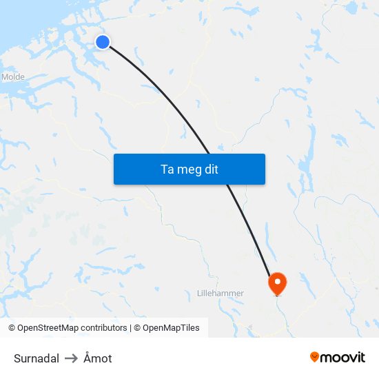 Surnadal to Åmot map