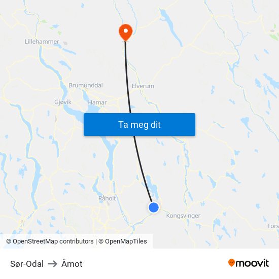 Sør-Odal to Åmot map