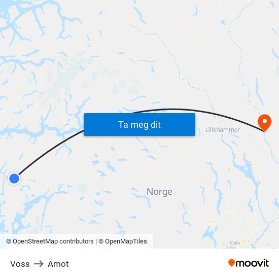 Voss to Åmot map