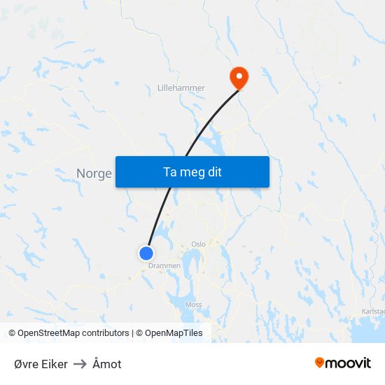 Øvre Eiker to Åmot map