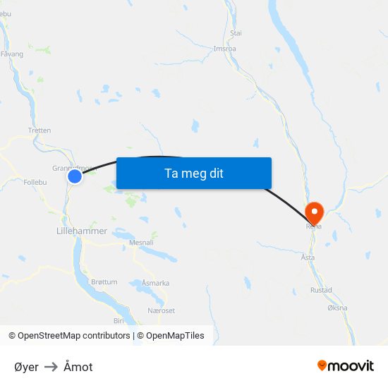 Øyer to Åmot map