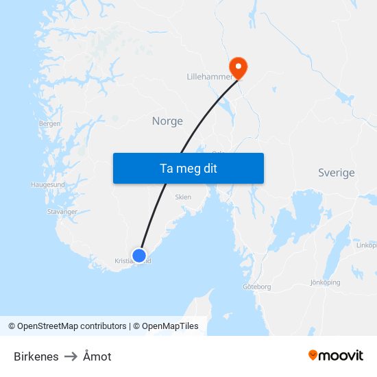 Birkenes to Åmot map