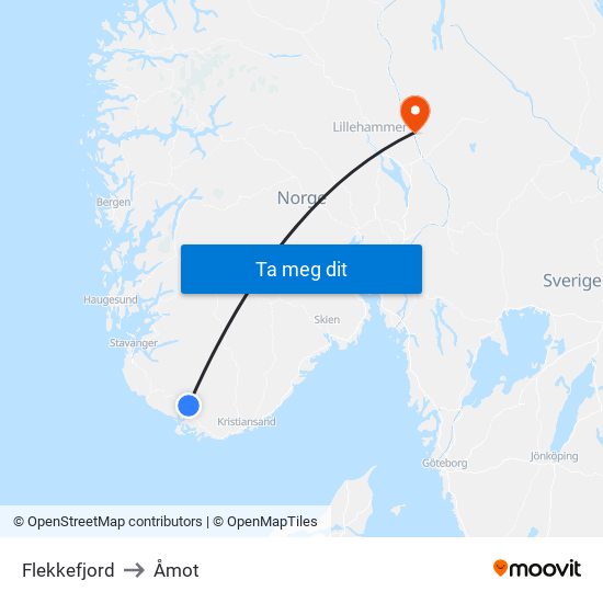 Flekkefjord to Åmot map