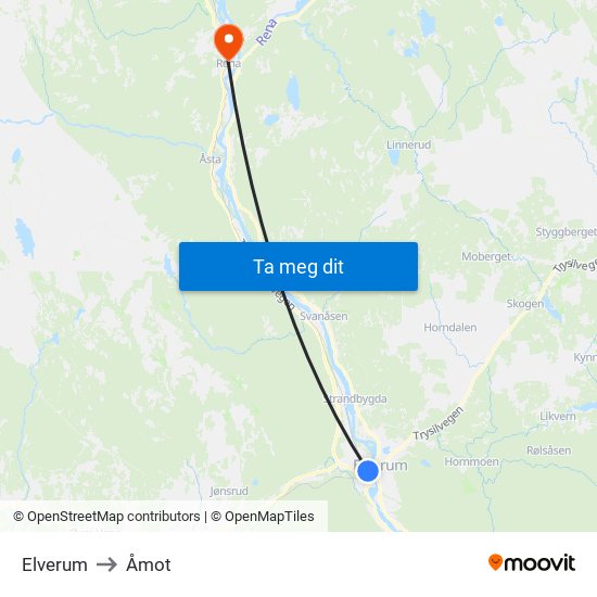 Elverum to Åmot map