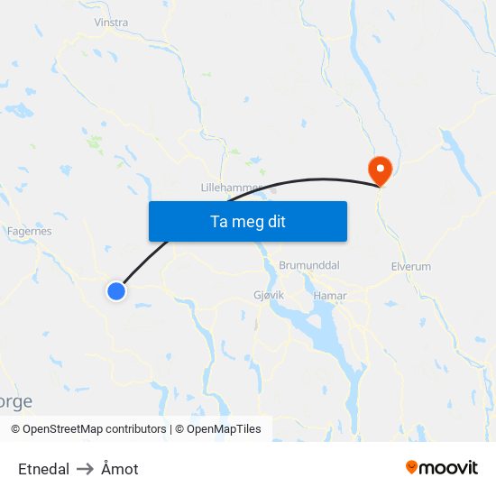 Etnedal to Åmot map