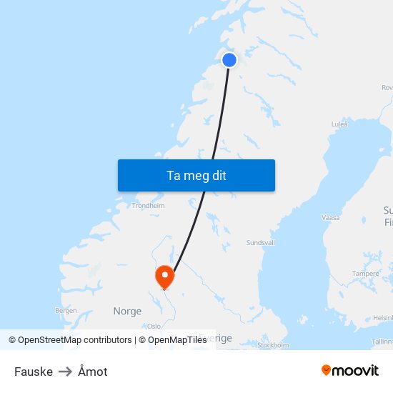 Fauske to Åmot map