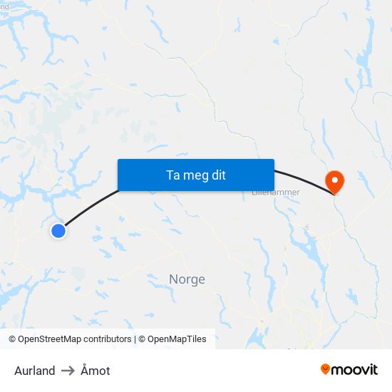 Aurland to Åmot map