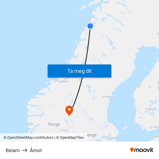 Beiarn to Åmot map