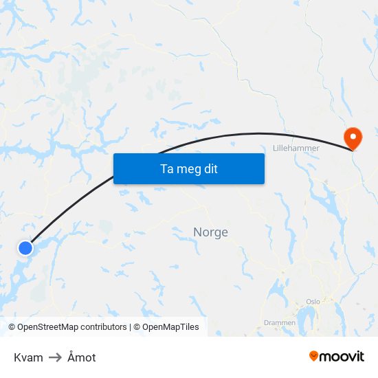 Kvam to Åmot map