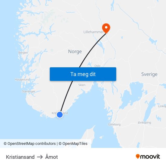 Kristiansand to Åmot map