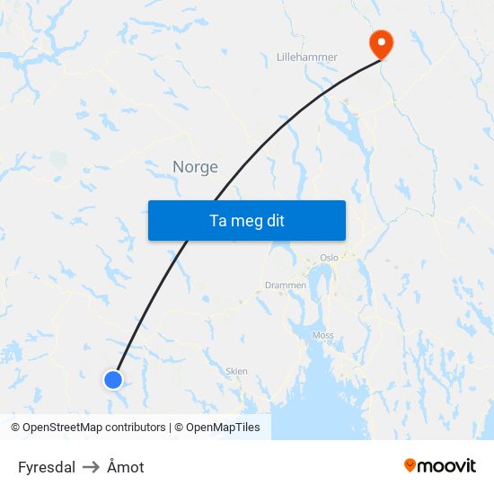 Fyresdal to Åmot map