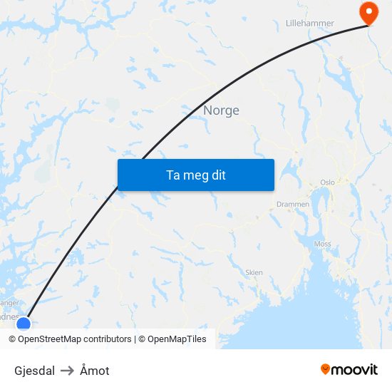 Gjesdal to Åmot map