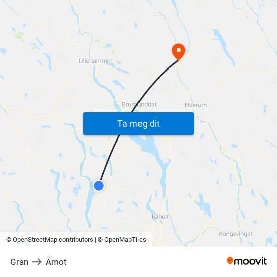 Gran to Åmot map