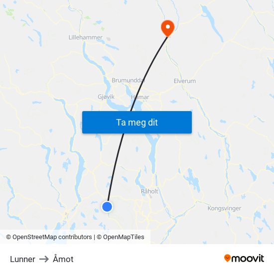 Lunner to Åmot map
