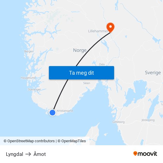 Lyngdal to Åmot map
