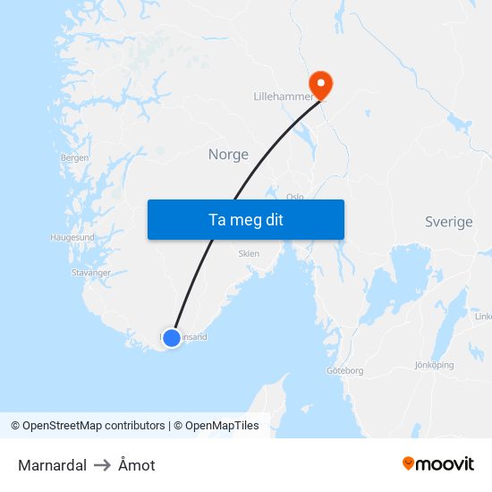 Marnardal to Åmot map