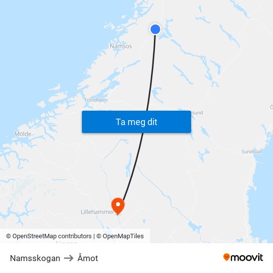 Namsskogan to Åmot map