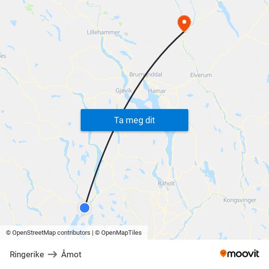 Ringerike to Åmot map