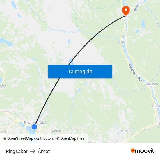 Ringsaker to Åmot map