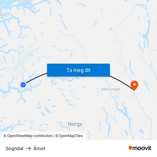 Sogndal to Åmot map