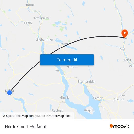 Nordre Land to Åmot map