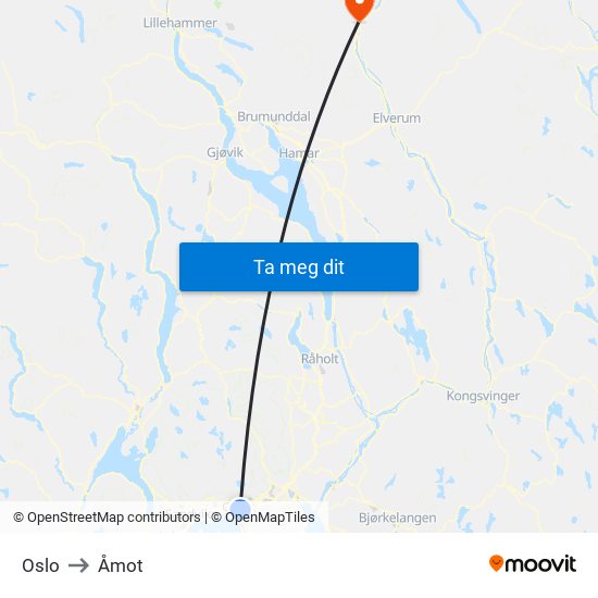 Oslo to Åmot map