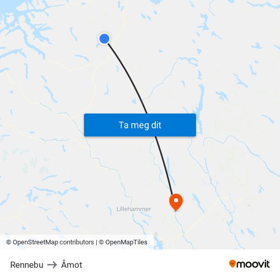 Rennebu to Åmot map