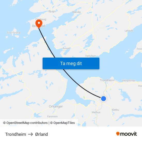 Trondheim to Ørland map