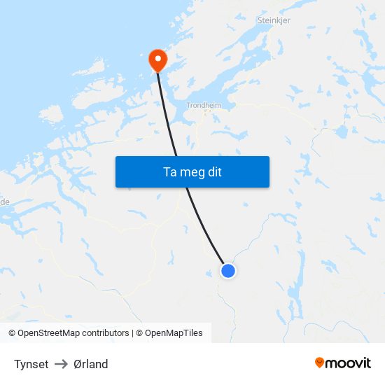 Tynset to Ørland map