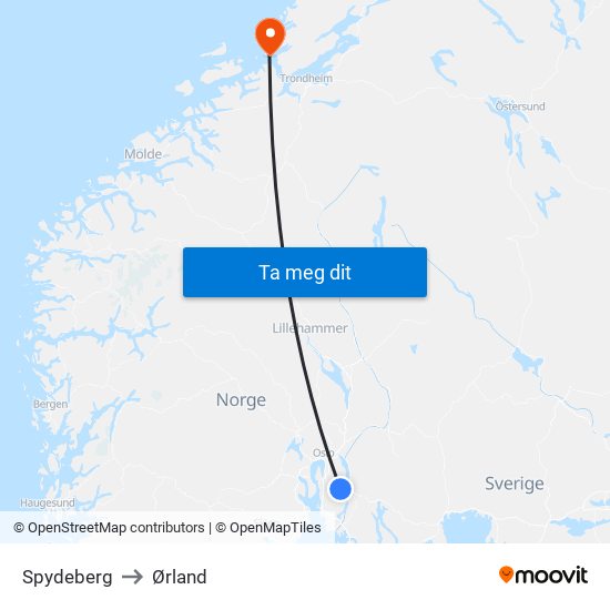 Spydeberg to Ørland map