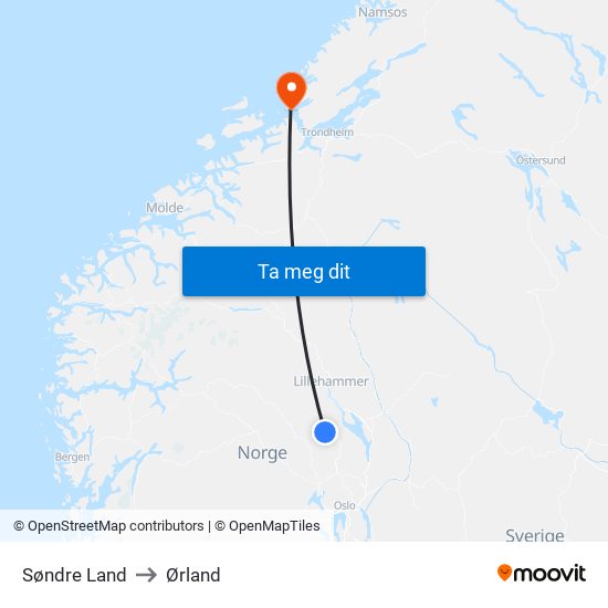 Søndre Land to Ørland map