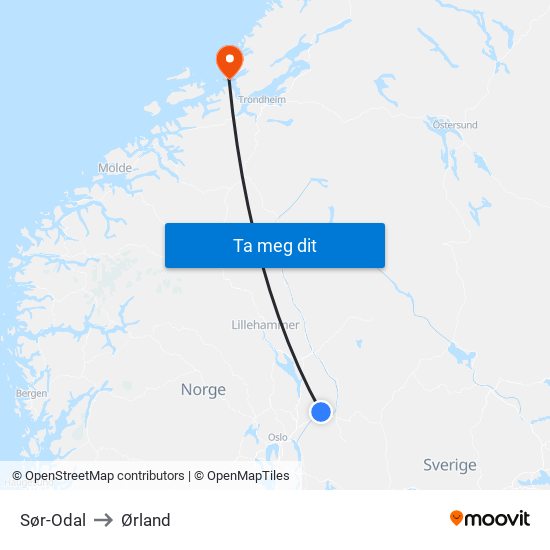 Sør-Odal to Ørland map