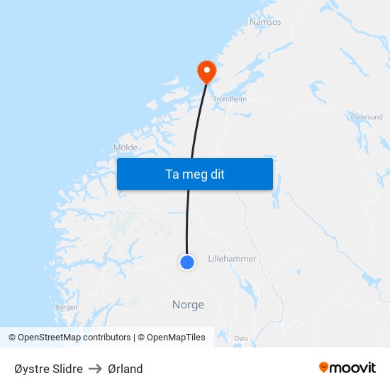Øystre Slidre to Ørland map