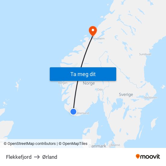 Flekkefjord to Ørland map