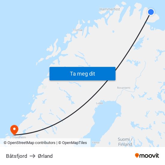 Båtsfjord to Ørland map