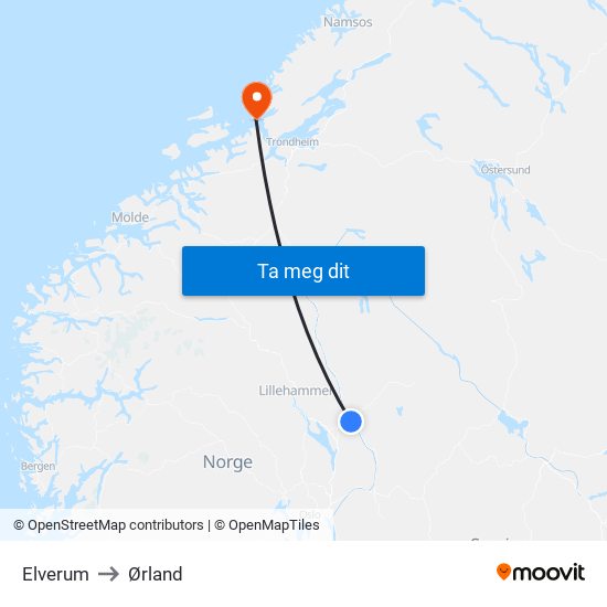 Elverum to Ørland map