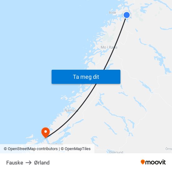 Fauske to Ørland map